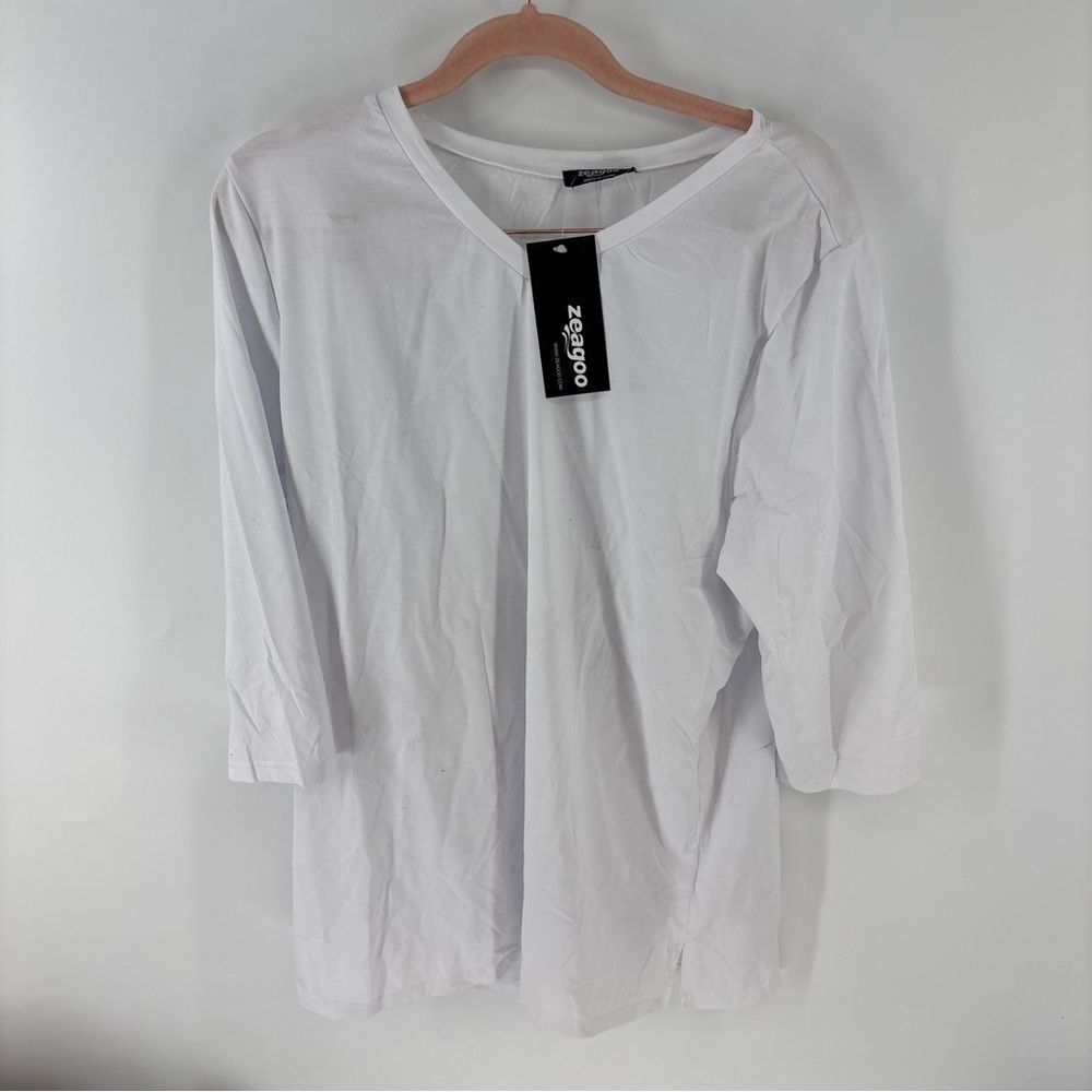 Zeagoo Women's White Pullover Straight Hem 3/4 Sleeve V-Neck Top Size XL
